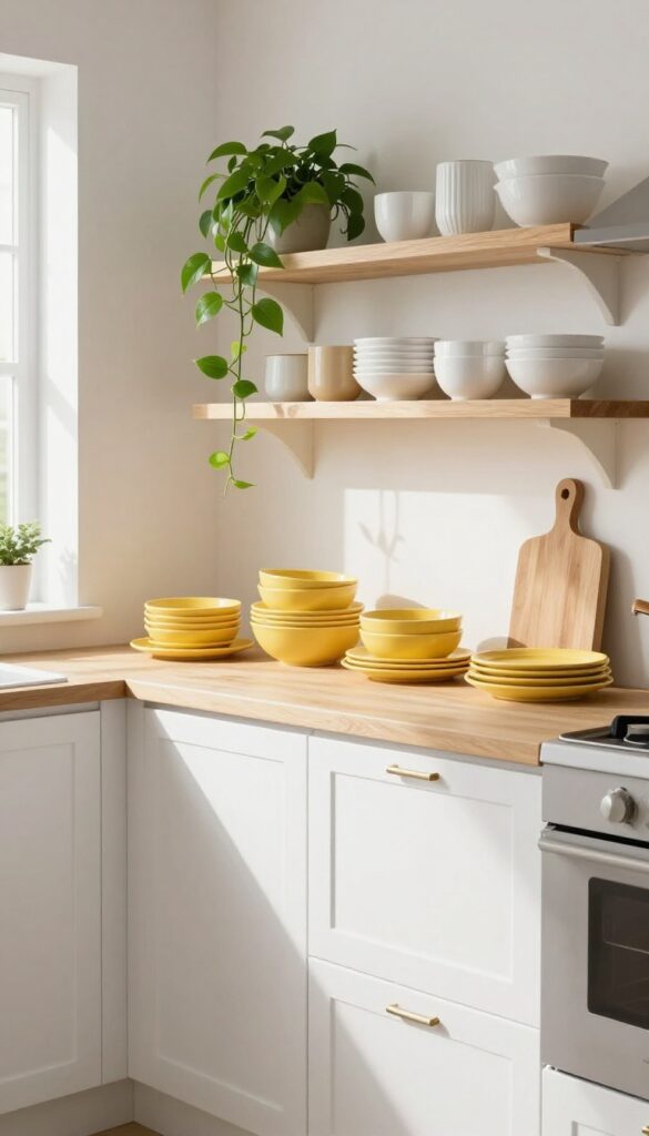 Open shelving displaying yellow dinnerware in a bright kitchen with white cabinets and natural light.