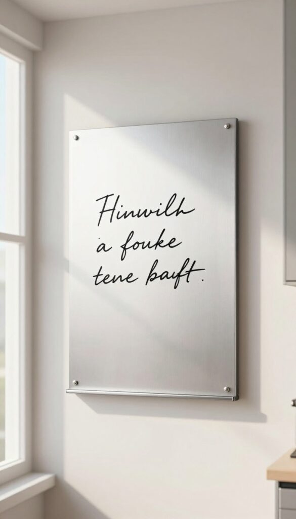 Modern kitchen wall with a framed chalkboard, minimal handwritten note, brushed nickel frame, natural light, clean composition.
