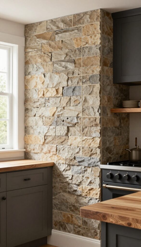 Vertical stacked stone backsplash in a farmhouse kitchen with butcher-block countertops and open shelving.