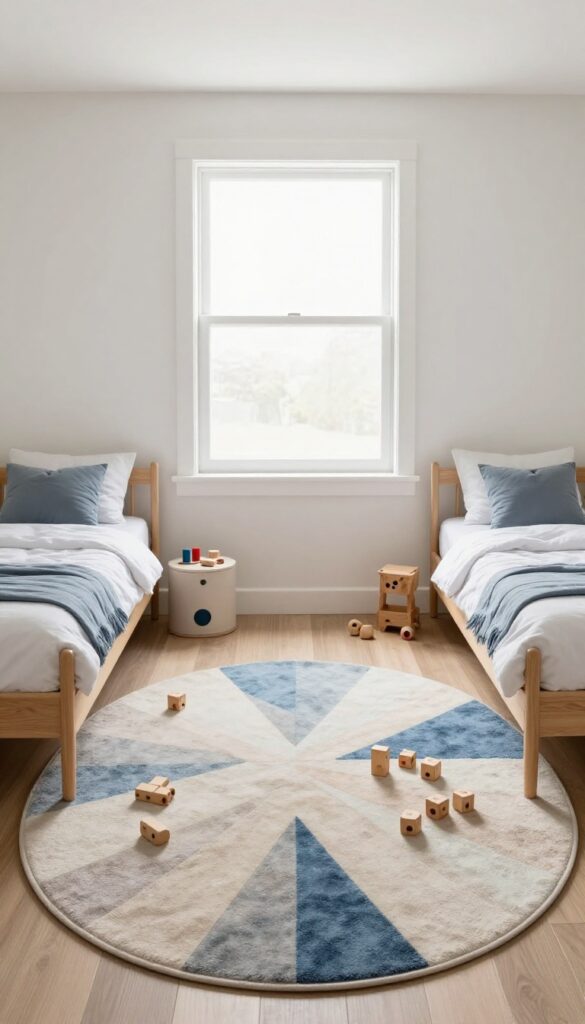 Twin boys bedroom with central play area and soft rug