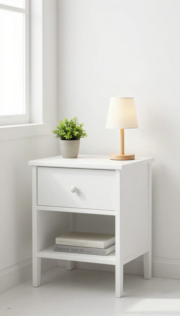 White nightstand with drawer and open shelf, small plant and books on shelf, lamp on top, in a bright minimalist bedroom.