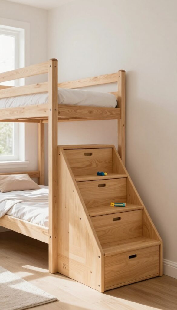 Bunk bed with built-in storage stairs in a bright, tidy children's bedroom