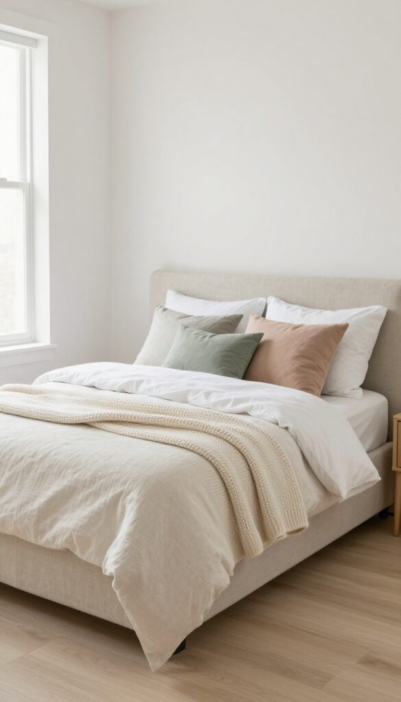 Small bedroom with low-profile bed frame, layered bedding in calm colors, and soft natural light.