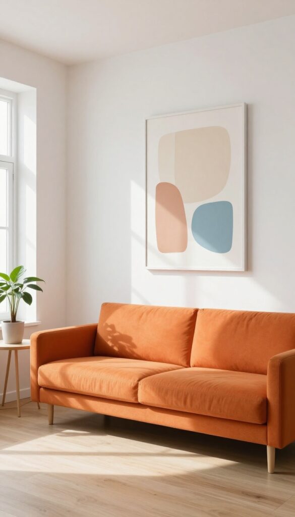 Orange sofa with soft-toned minimalist art above, light and airy living room.