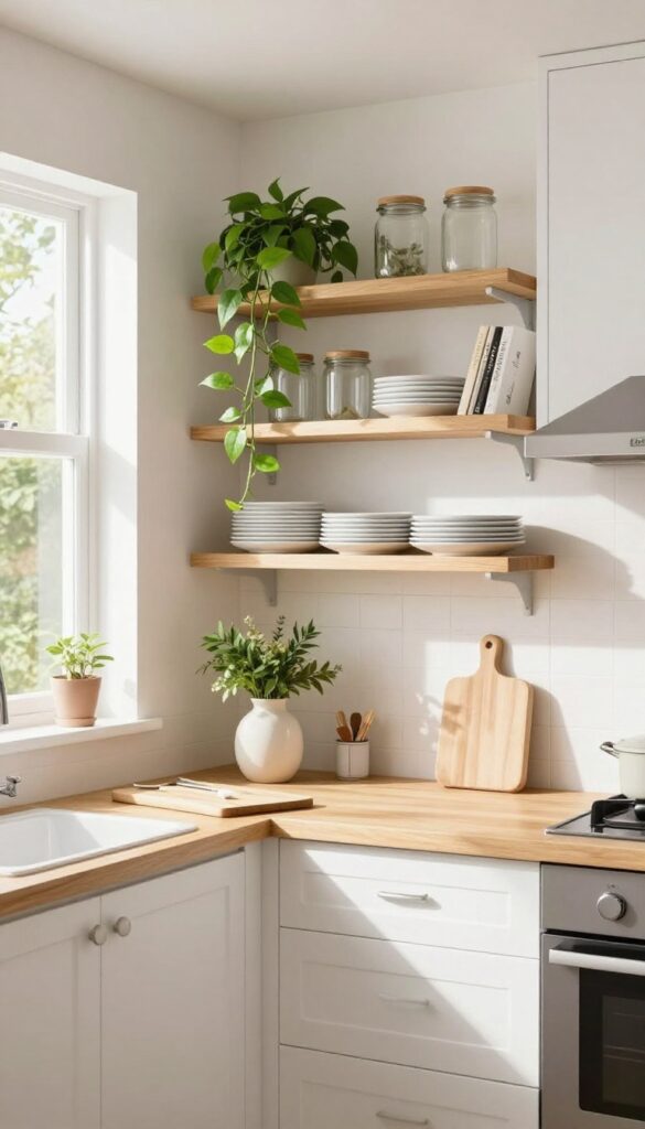 Mobile home kitchen with open shelving displaying white dishes, glass jars, and a trailing plant, natural light
