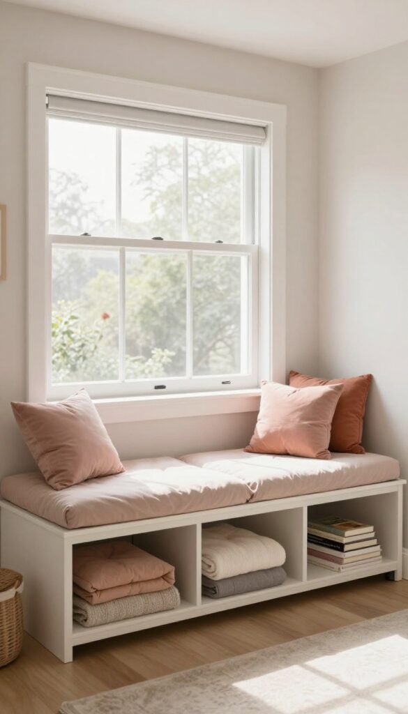 Two girls sitting on a window seat with storage underneath, cushions in blush and terracotta, bright natural light.