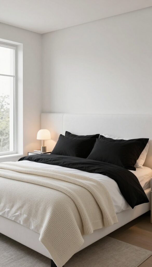 White upholstered headboard with black bedding accents in a bright, airy bedroom