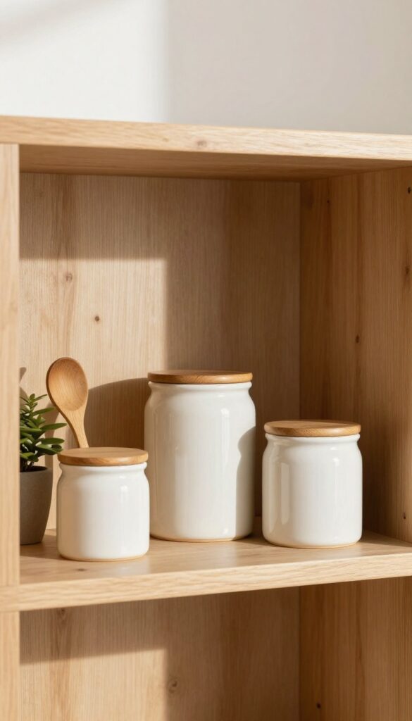 Ceramic canister set with wood lids on a kitchen counter, arranged by height, with a small plant and wooden spoon holder nearby.
