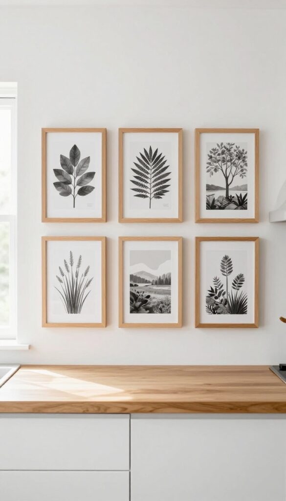 Black and white photography in natural wood frames arranged in a grid above a kitchen counter.