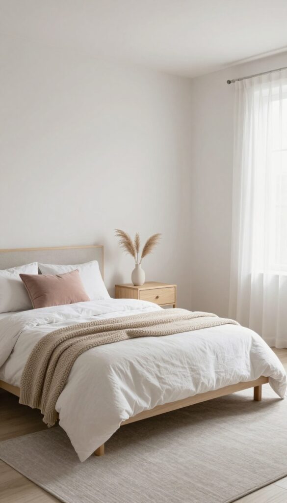 Small bedroom with light monochromatic palette, soft whites and beiges, natural wood furniture, and a chunky knit throw, appearing spacious and cozy.