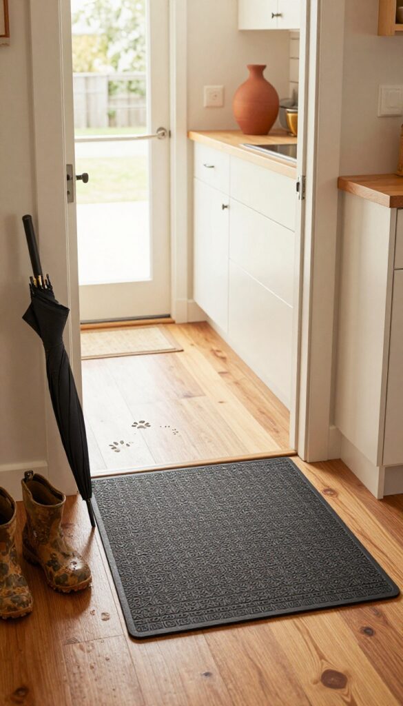 Small dark textured mat inside back door entry of a kitchen, with muddy boots and wet umbrella nearby, natural light, photorealistic interior design.