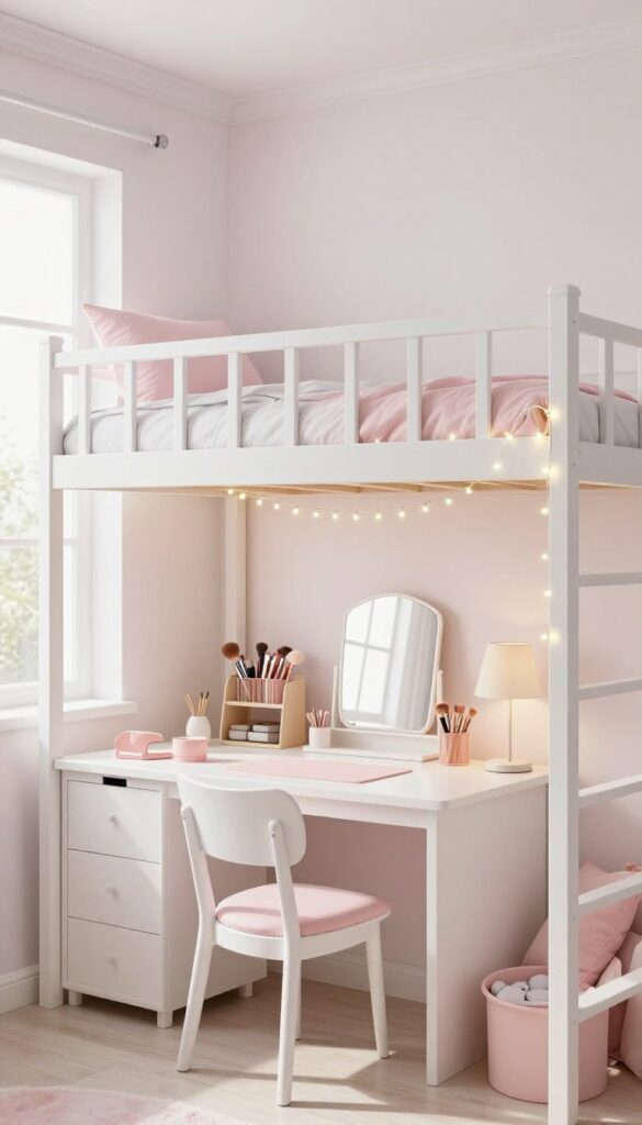 Loft bed with desk and vanity combo in a teenage girl's bedroom