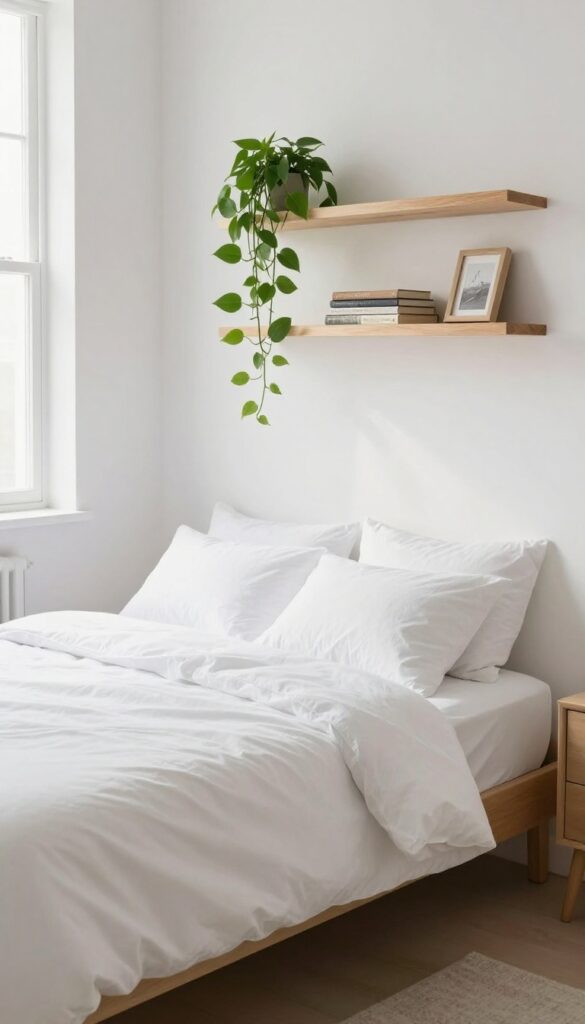 Floating shelves above a bed in a small bedroom with plants and books