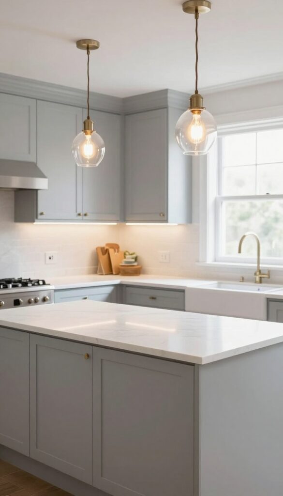 Light grey kitchen with layered lighting: glass pendants over island and under-cabinet LED strips, bright and airy.