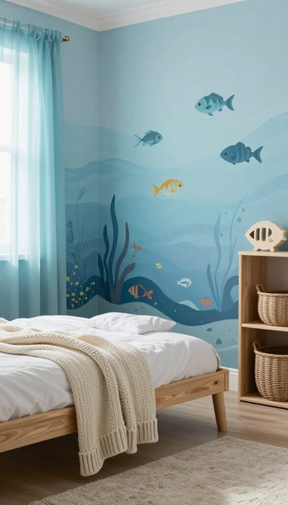 Cozy underwater-themed kids bedroom with blue accent wall, fish decals, rope baskets, and fish-shaped bookshelf