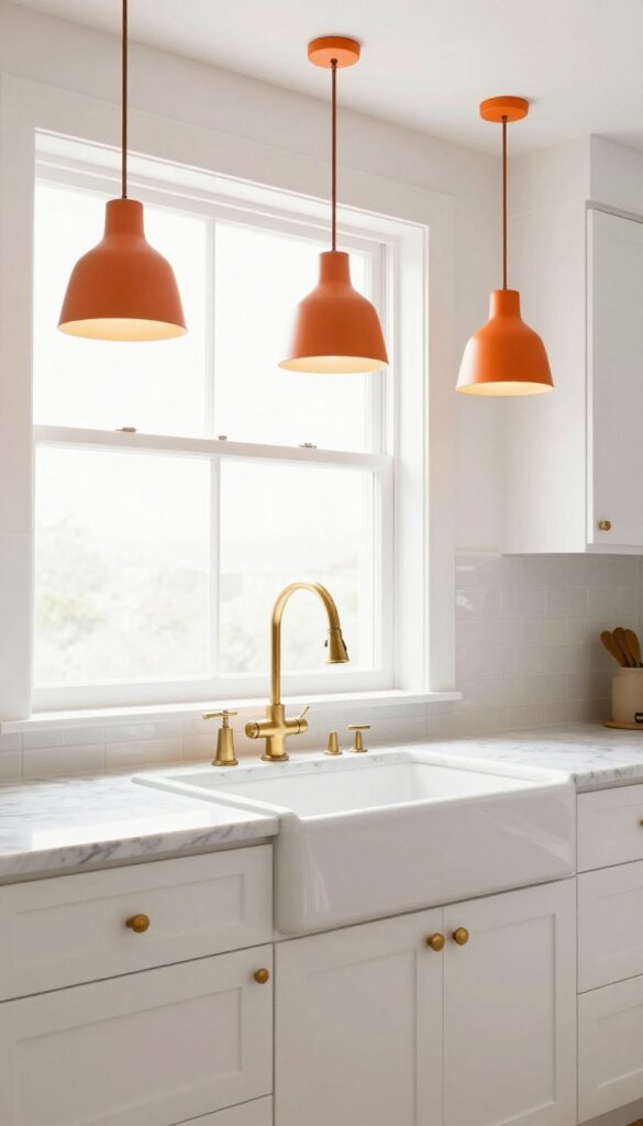 Bright kitchen with orange pendant lights over sink, white cabinets, marble countertop, brass faucet, natural light.