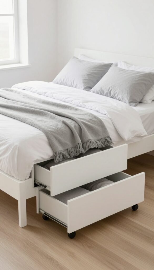 Under-bed rolling drawers in a tiny guest bedroom storing out-of-season blankets and pillows