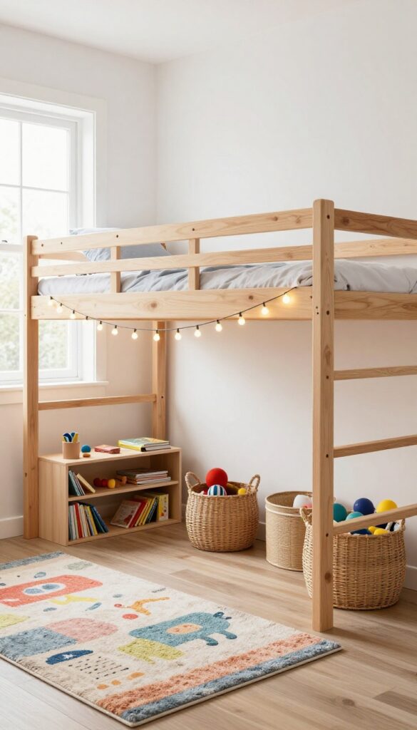 Loft bed with play zone underneath in a bright kids' bedroom