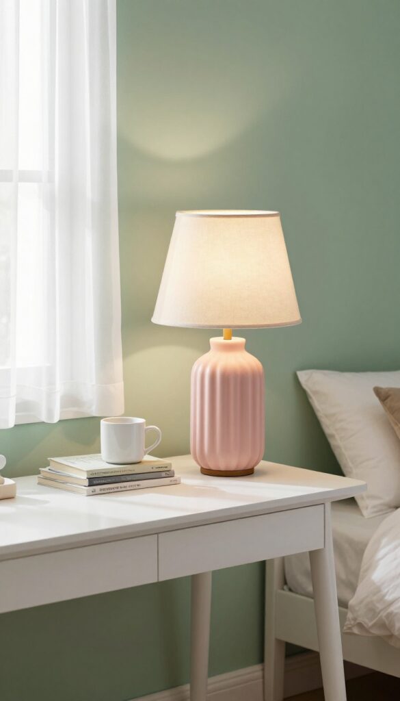 Preteen girl's bedroom with a blush ceramic lamp on a desk, warm glow, sage green wall, natural light, cozy atmosphere.