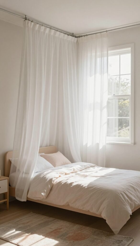 Shared kids bedroom with a curtain room divider separating two beds, creating personal space while maintaining an open feel.