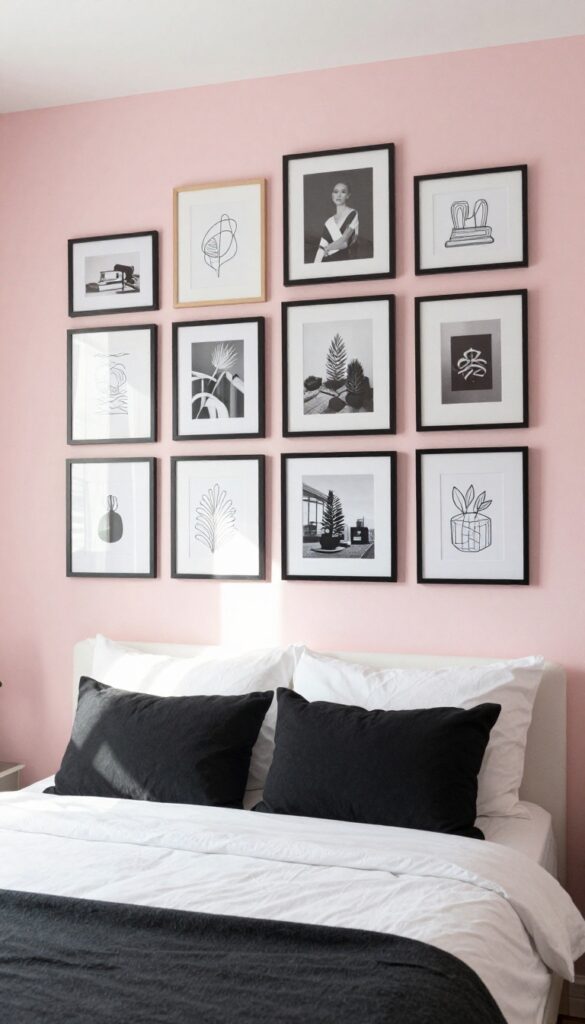 Pink bedroom with black framed art gallery wall