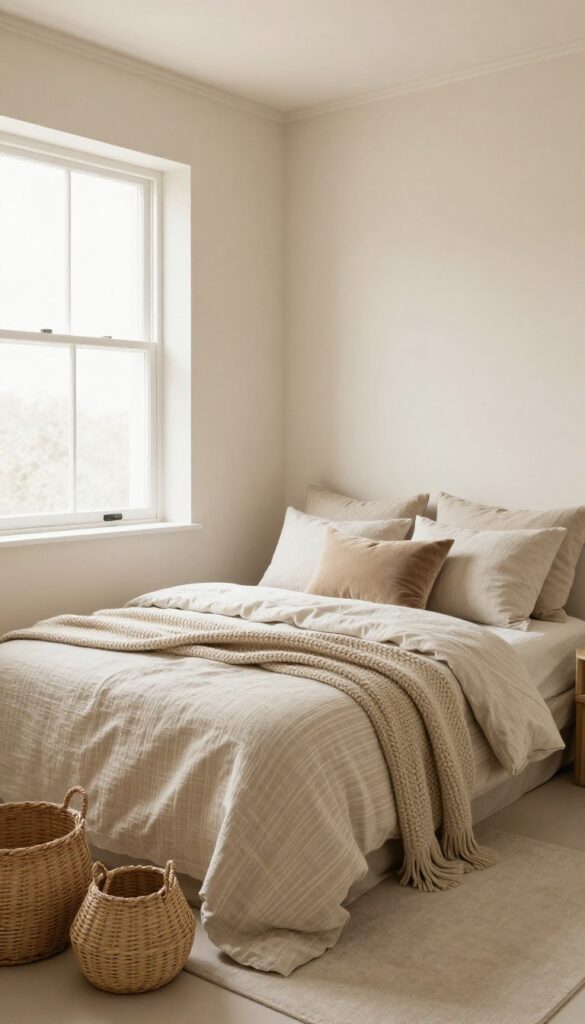 Small guest bedroom with monochromatic beige decor, soft bedding, and natural light