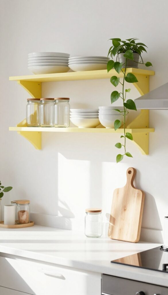 Yellow open shelving in a bright kitchen with white dishes and a pothos plant