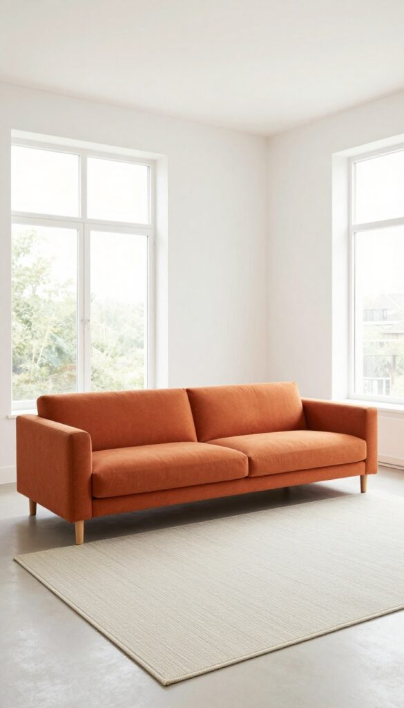 Orange sofa on a light-colored rug in a bright living room