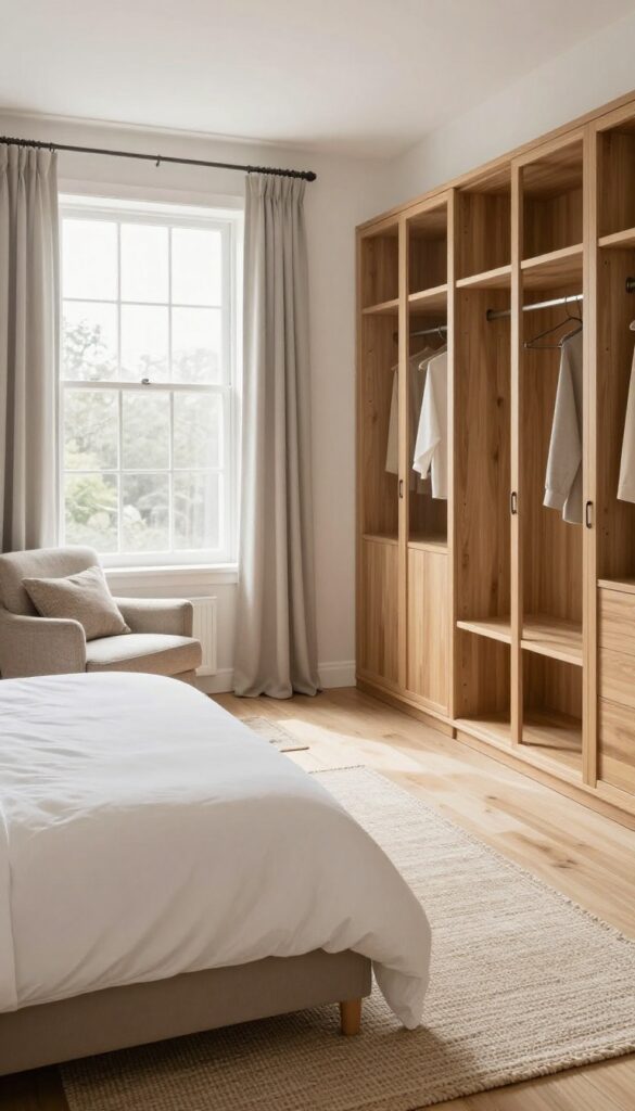 Small bedroom with layered rugs defining a sleeping area and a reading nook, bright natural light