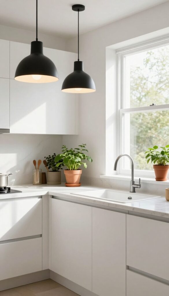 Modern kitchen with a single statement black pendant light above the sink, white cabinets, and natural light.