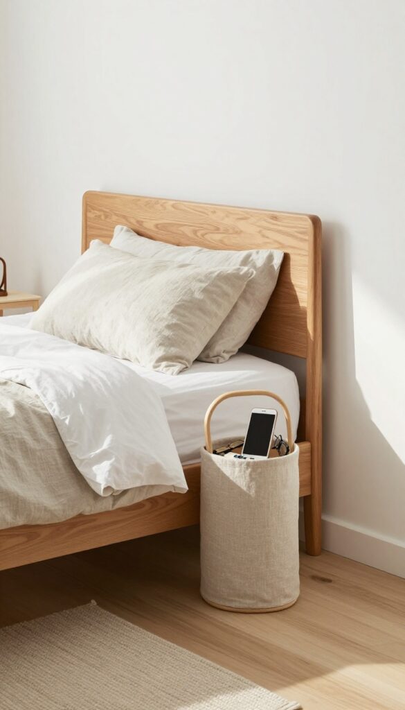 Small bedroom with white walls, wood accents, and a fabric bedside caddy hanging from the bed frame, no nightstand.