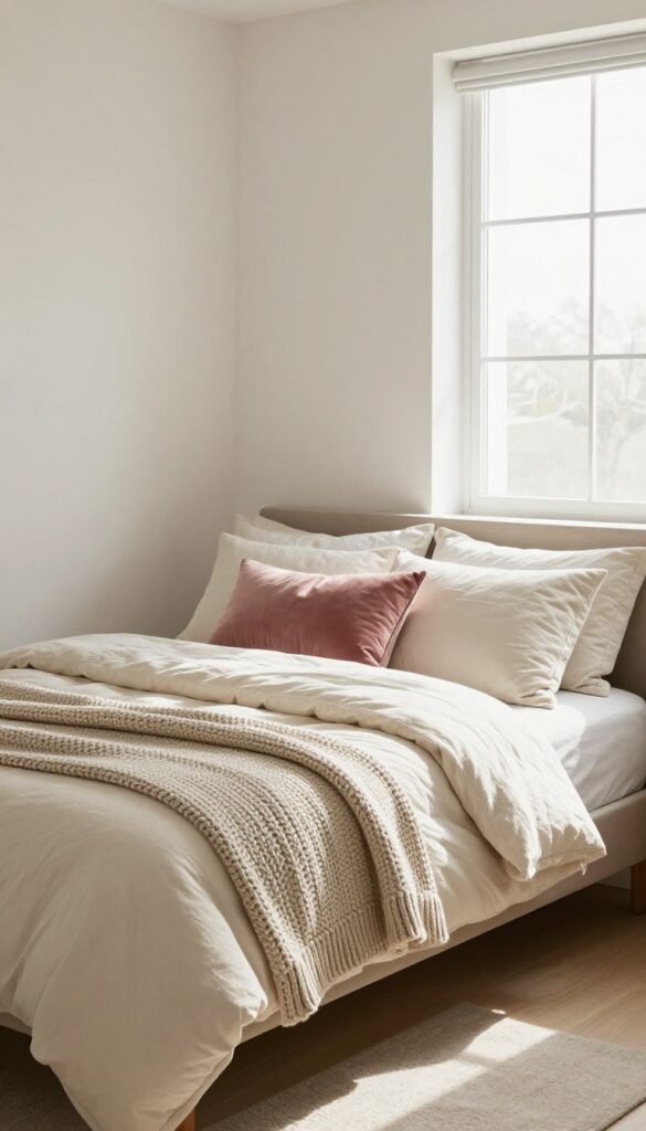 Cozy small bedroom with layered bedding including quilt, knit throw, and mixed pillows in neutral tones with dusty rose accent
