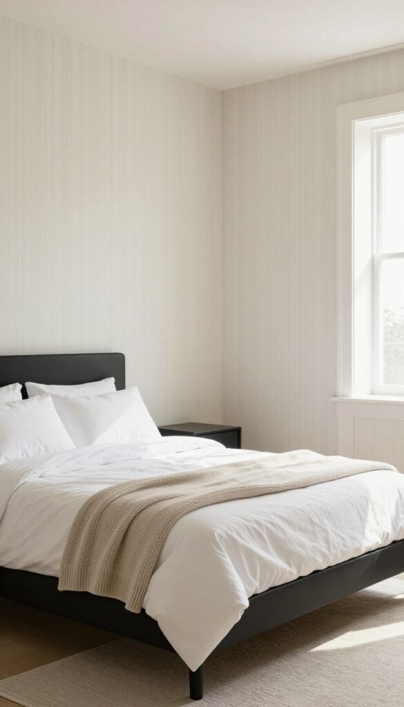 Bedroom with warm gray pinstripe wallpaper, matte black bed, white linens, and chunky knit throw in natural light.