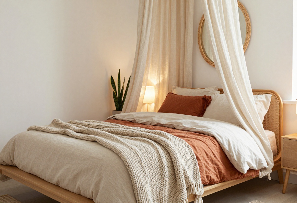 Cozy small bedroom with layered neutral bedding, rattan mirror, and warm lighting