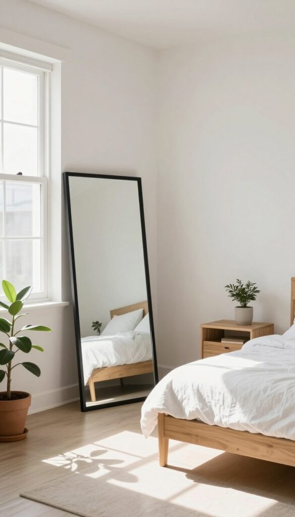 Small bedroom with a large mirror reflecting light from a window, creating a spacious and calm atmosphere.