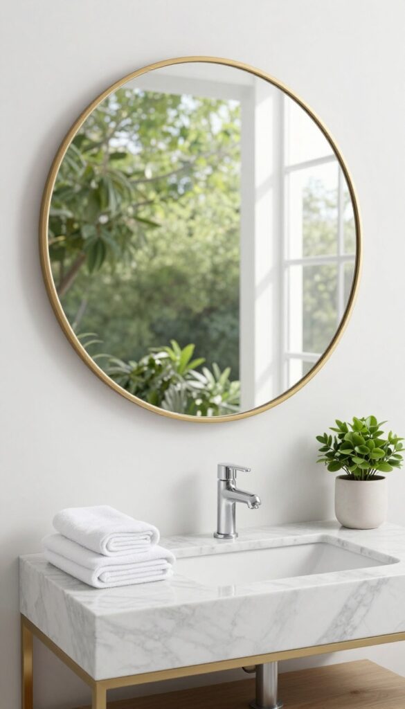 Small guest bathroom with large round mirror reflecting window and greenery, bright natural light, modern vanity