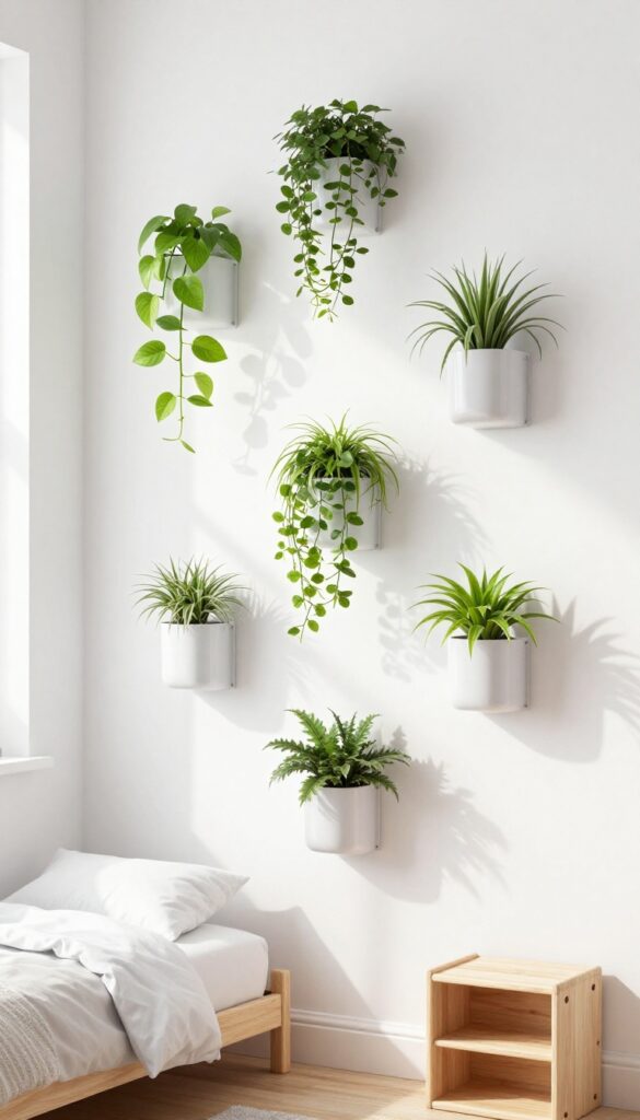 Vertical garden in a kids' bedroom with trailing plants in wall-mounted planters