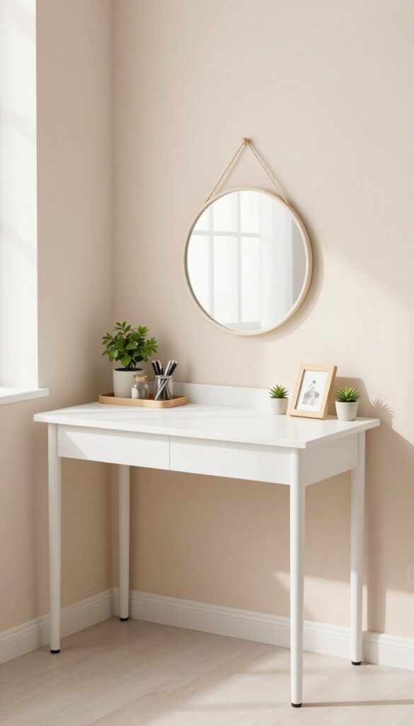 Minimalist wall desk with round hanging mirror in bright teenage girl's bedroom