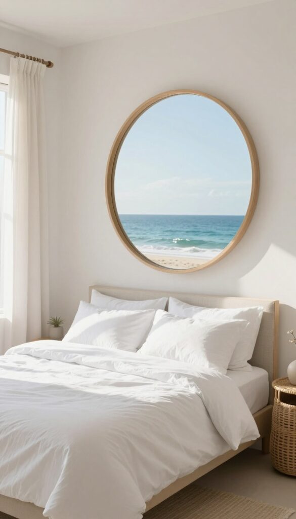 Large round mirror with driftwood frame reflecting ocean view in bright beach bedroom