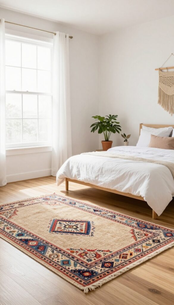 Layered rugs in a preteen girl's bedroom with boho decor