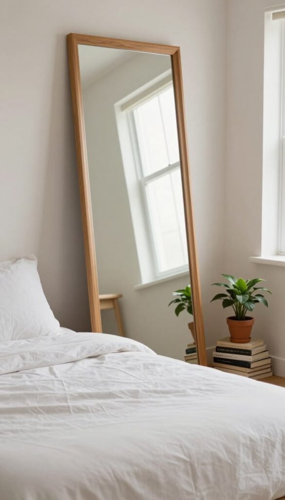 Small square bedroom with a full-length mirror reflecting light, creating an airy and spacious feel.