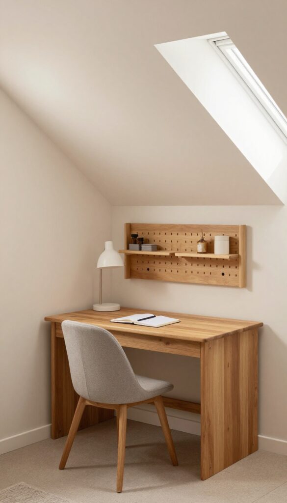 A small corner desk tucked into a sloped ceiling alcove in an attic bedroom, with a chair, lamp, and pegboard, bathed in natural light.