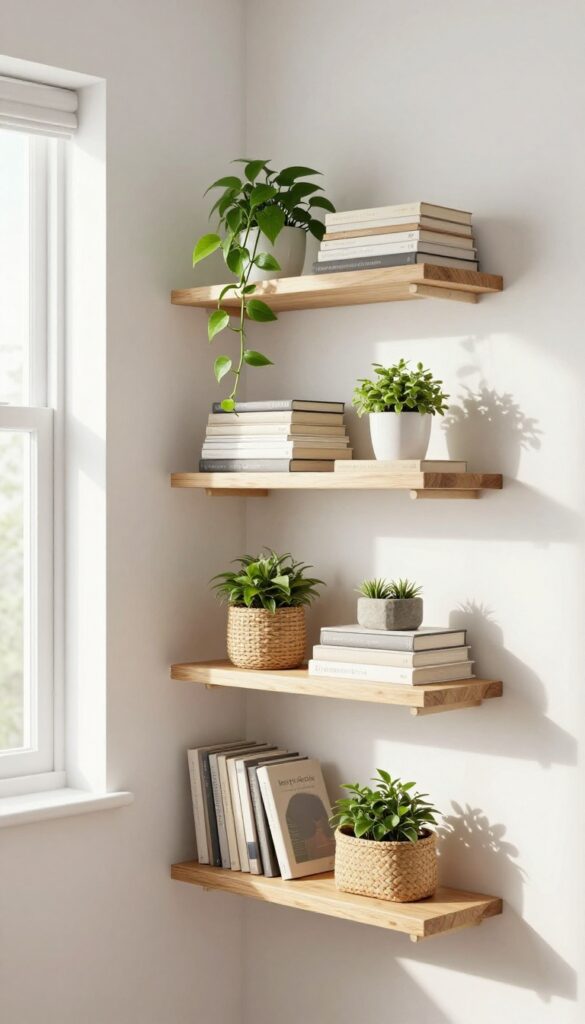 Staggered floating corner shelves in a small bedroom with books, a plant, and a woven bin.