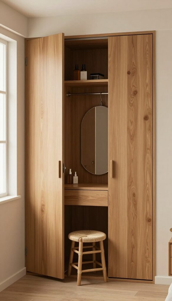 Small bedroom wardrobe with built-in vanity nook, sliding doors open, pull-out desk and mirror, warm wood tones, soft matte paint, woven stool, natural light.