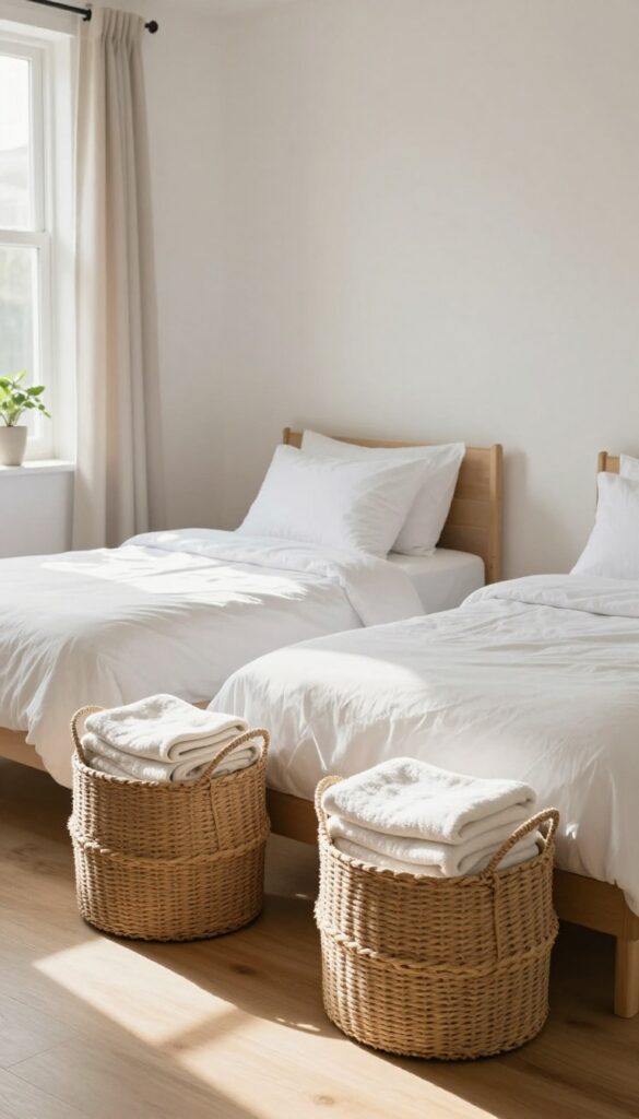 Two twin beds with under-bed storage baskets filled with blankets and towels in a bright, minimalist guest room.