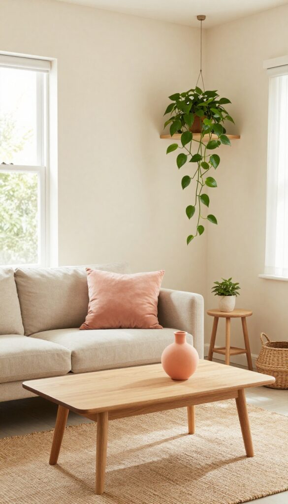 Small boho living room with peach accents, natural wood furniture, and trailing plants in soft natural light
