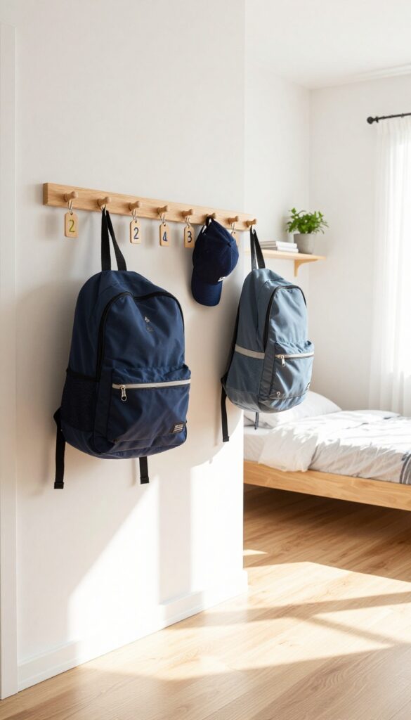 Peg rail with labeled hooks holding backpacks and hats near the door of a shared boys' bedroom