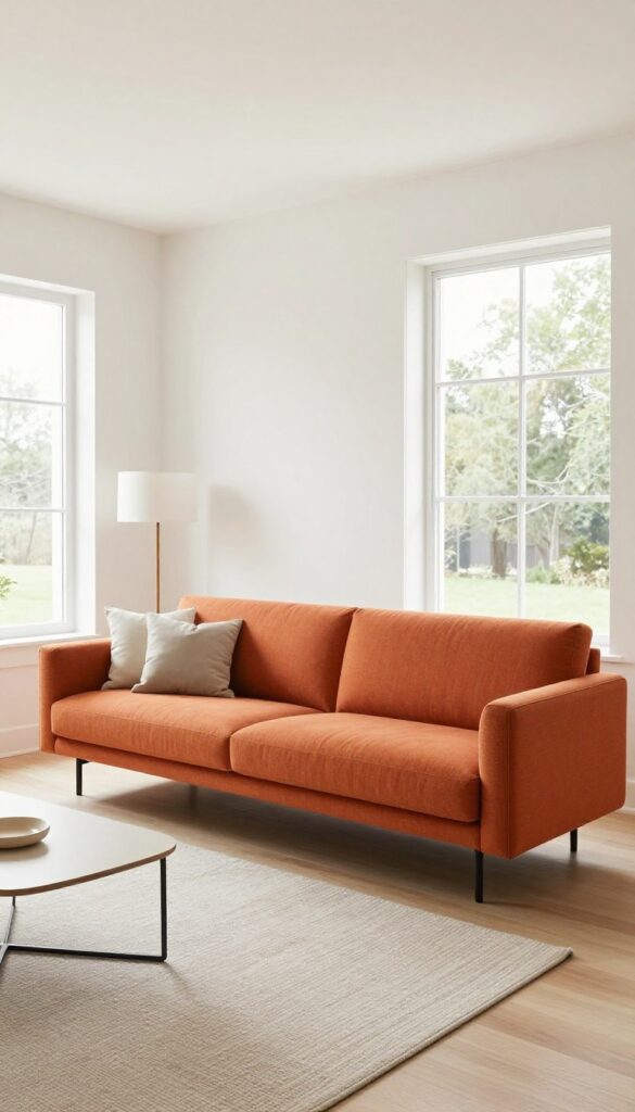 Low-profile orange sofa with slim legs in a light, airy living room
