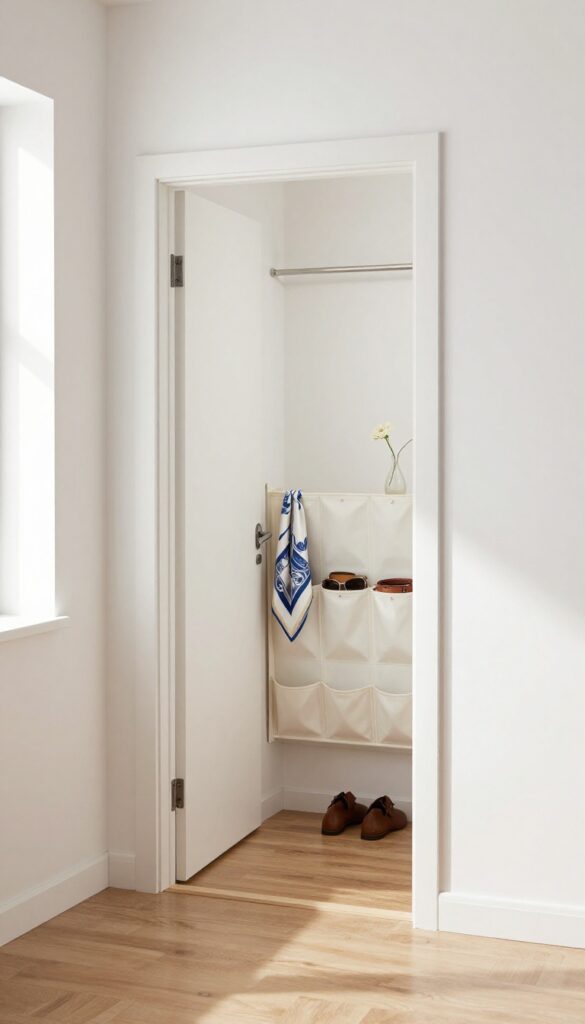 Over-the-door shoe organizer used for storing accessories like scarves, belts, and sunglasses in a small bedroom.