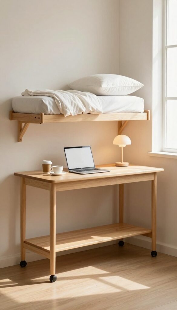 A slim rolling desk tucked under a floating shelf in a bright room with a Murphy bed folded up, featuring a laptop and coffee cup.